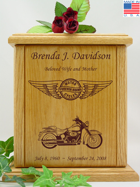 Forever Riding Custom Motorcycle Circle And Wings Engraved Wood Cremation Urn