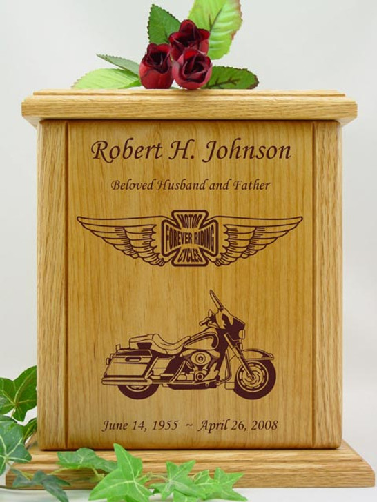 Forever Riding Tour Motorcycle Cross And Wings Engraved Wood Cremation Urn