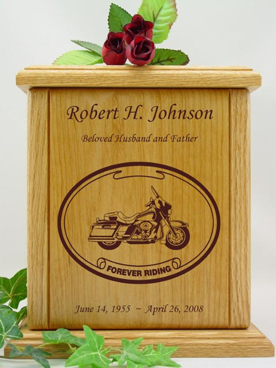 Forever Riding Tour Motorcycle Oval Engraved Wood Cremation Urn