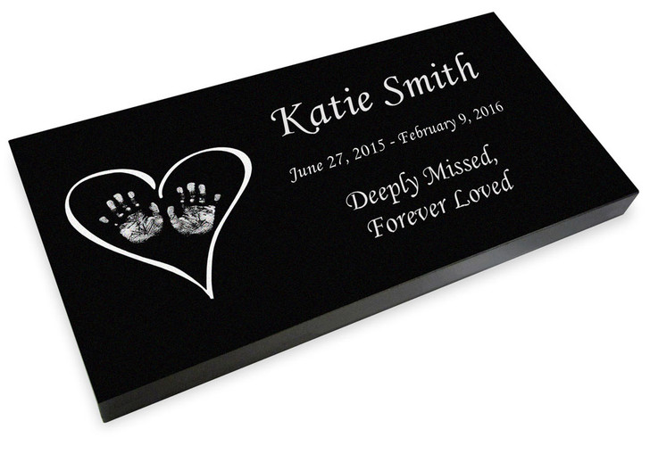 Heart with Hands Grave Marker Black Granite Laser-Engraved Infant-Child Memorial Headstone