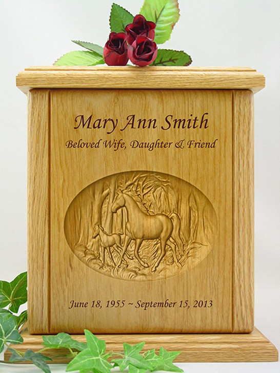 Horse & Colt Relief Carved Engraved Wood Cremation Urn