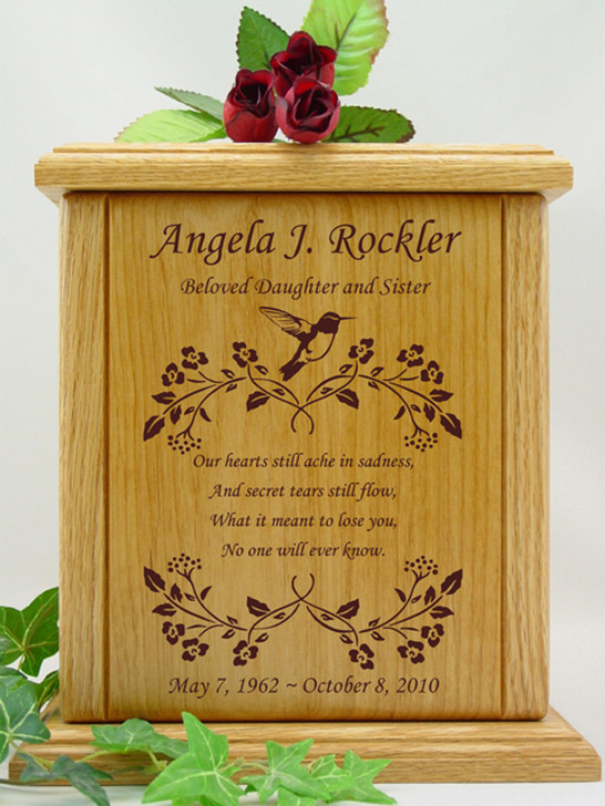 Hummingbird and Vines With Poem Engraved Wood Cremation Urn