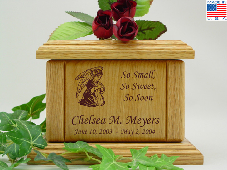 Kneeling Angel Infant Engraved Wood Cremation Urn