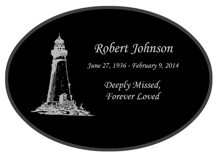 Lighthouse Laser-Engraved Oval Plaque Black Granite Memorial