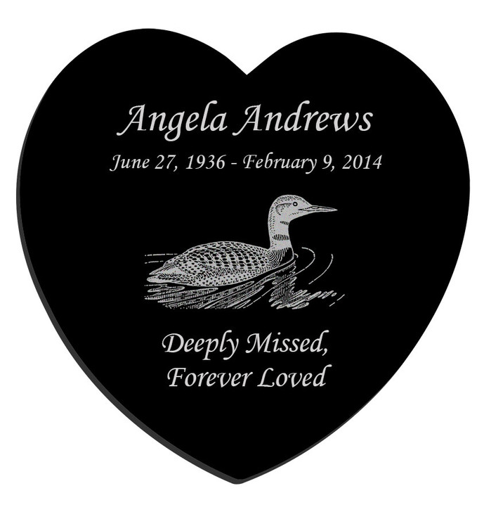 Loon Laser-Engraved Heart Plaque Black Granite Memorial