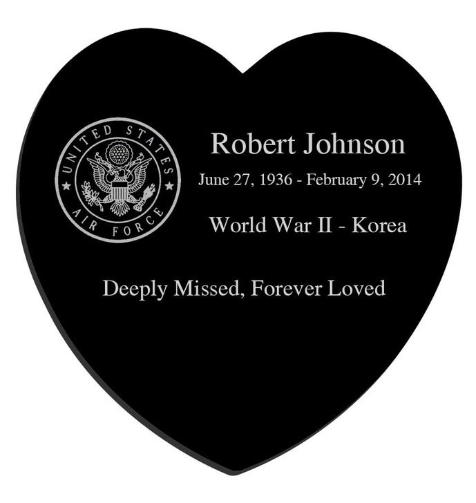 Military and Veteran Laser-Engraved Heart Plaque Black Granite Memorial