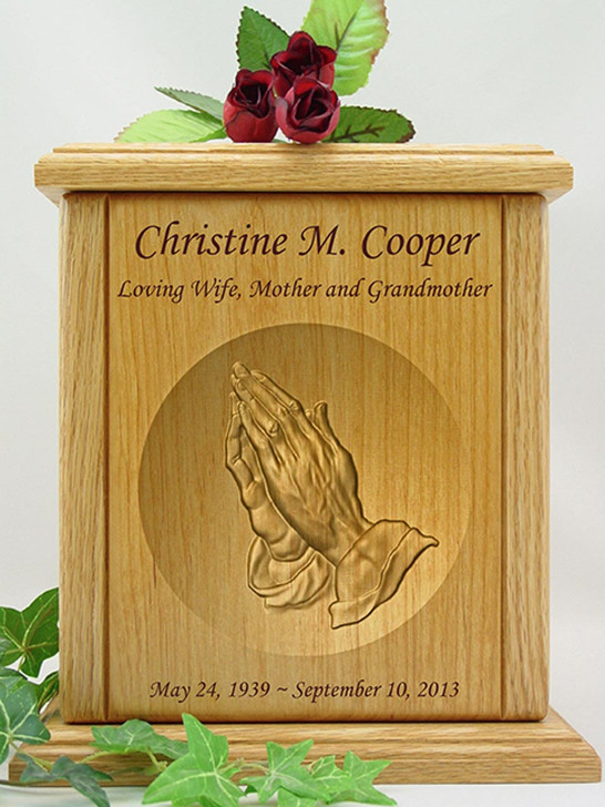 Praying Hands Relief Carved Engraved Wood Cremation Urn