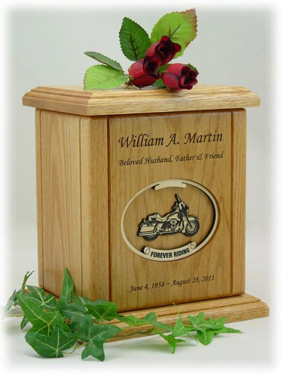 Recessed Oval Forever Riding Motorcycle Engraved Wood Cremation Urn