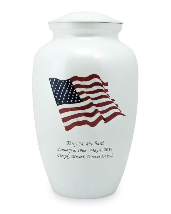 American Flag White Enameled Metal Cremation Urn - Engravable