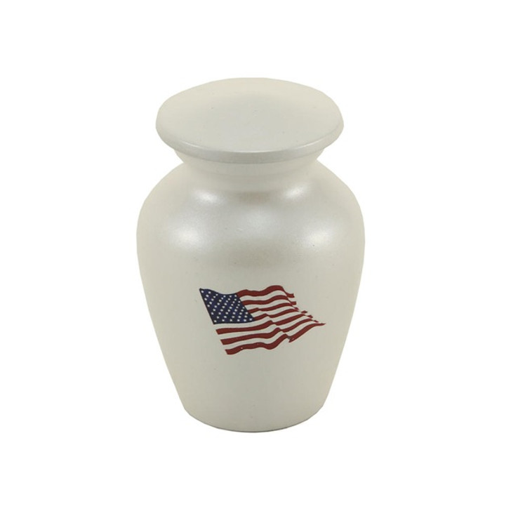 American Flag White Enameled Metal Keepsake Cremation Urn - Engravable