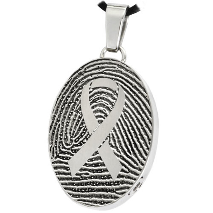 Awareness Ribbon over Fingerprint Oval Stainless Steel Memorial Cremation Pendant Necklace