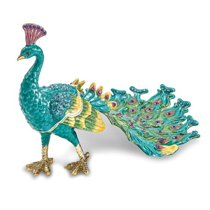 Poised Peacock Jeweled Decorative Covered Box