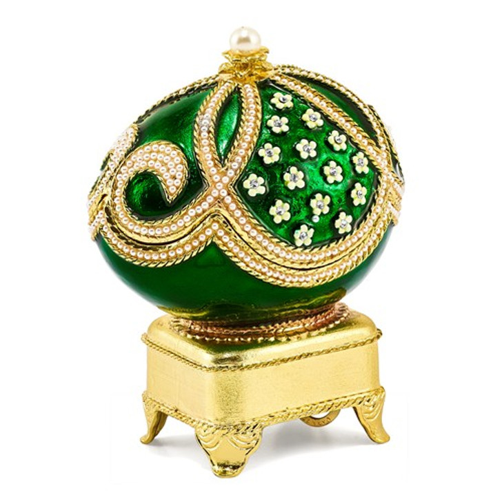 Bejeweled Green Grandeur With Simulated Pearl Musical Egg Keepsake Box
