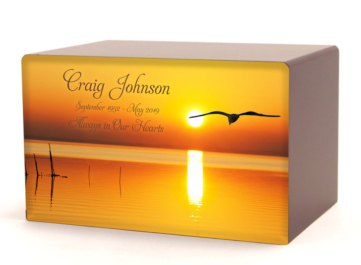 Bird in Flight at Sunset Eternal Reflections II Wood Cremation Urn - 5 Urn Choices