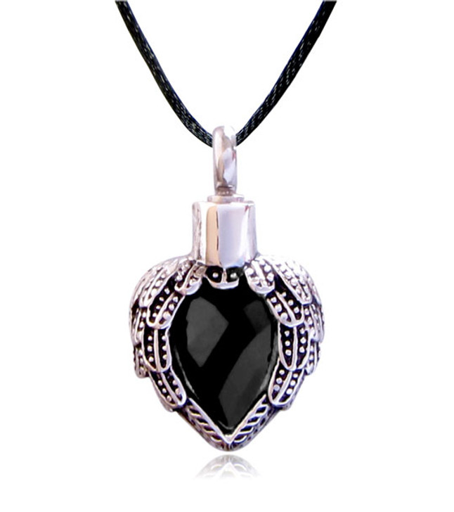 Black Angel Wing Heart Stainless Steel Cremation Jewelry Pendant Necklace