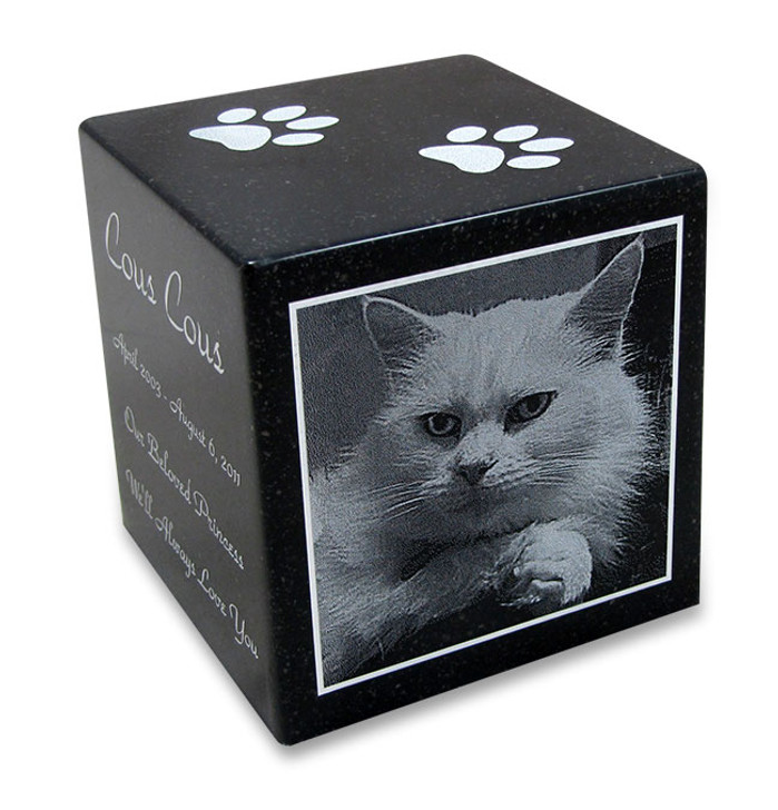 Black Granite Cube Pet Urn with Engraved Photo