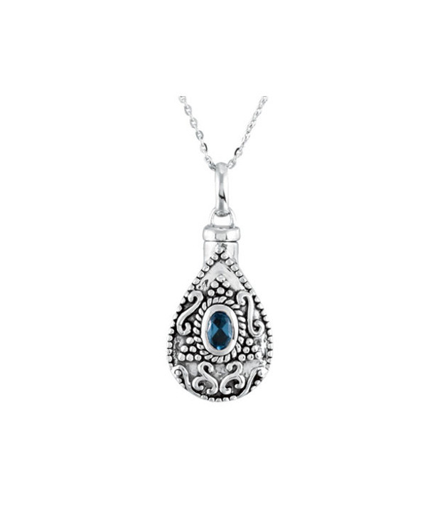 Blue Topaz CZ Birthstone Teardrop Sterling Silver Cremation Jewelry Necklace