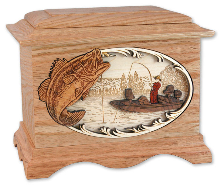 Boat Bass Fishing with 3D Inlay Oak Wood Cremation Urn