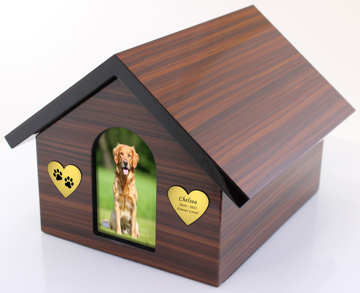 Brown Doghouse Pet Cremation Urn with Memento Tray and Velvet Bag