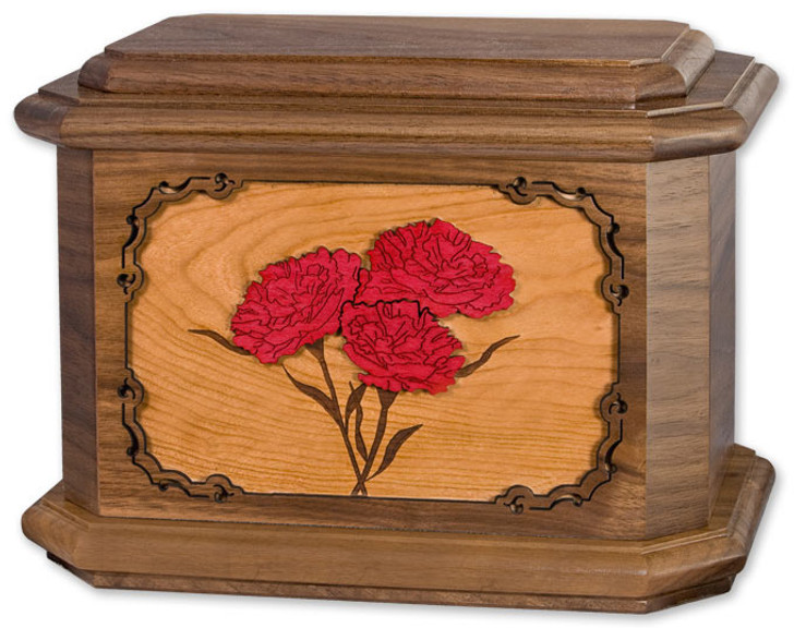 Carnations with 3D Inlay Walnut Wood Octagon Cremation Urn