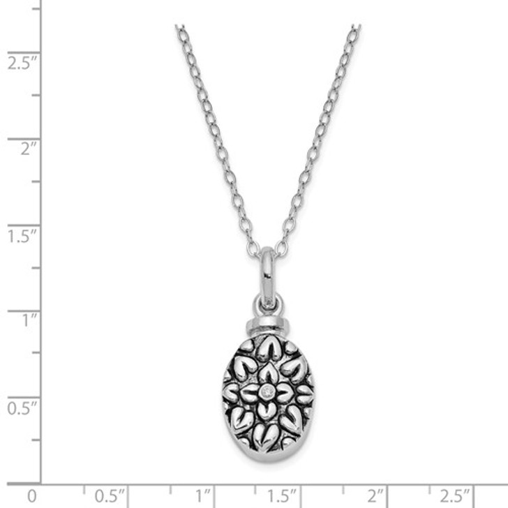 Antiqued Flower Sterling Silver CZ Cremation Jewelry Necklace