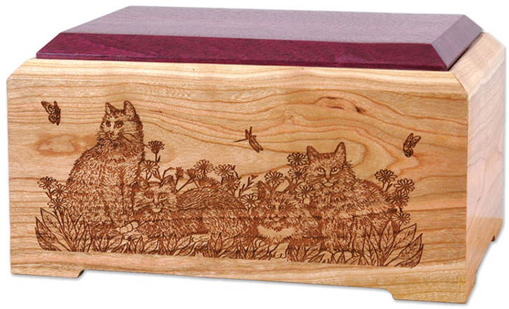 Cat Lovers Cherry and Purple Heart Wood Cremation Urn