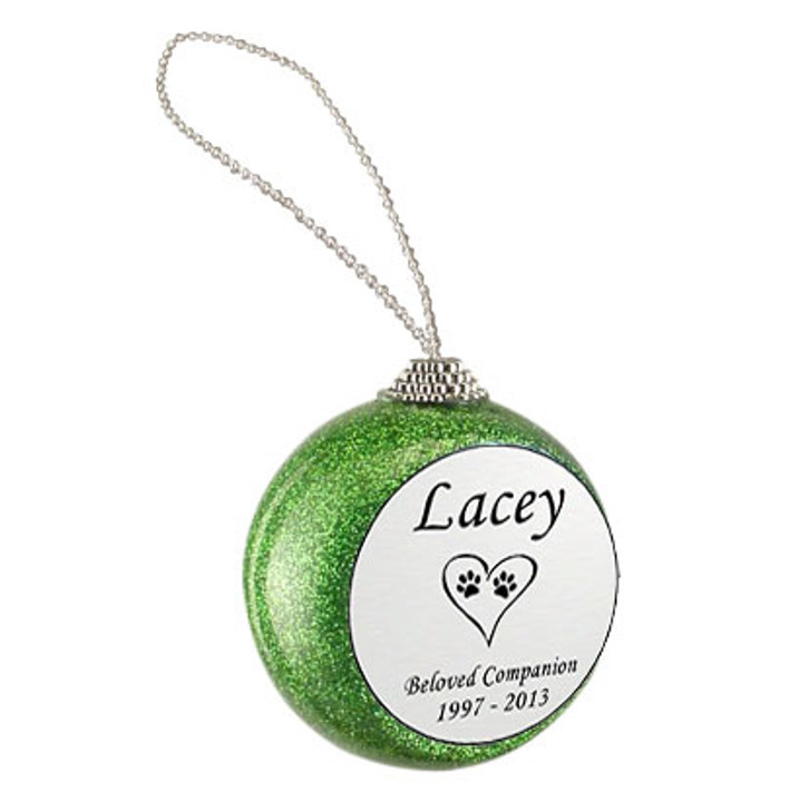 Cat Paw Prints in Heart Green Glitter Memorial Holiday Tree Ornament