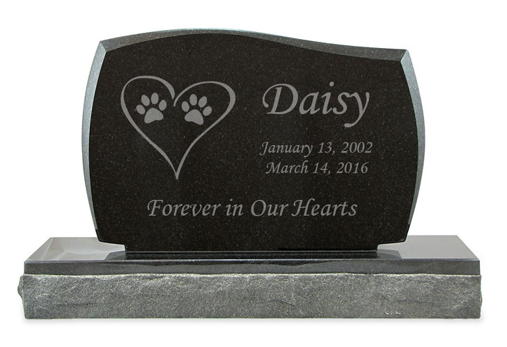 Cat Prints in Heart Pet Upright Grave Marker Black Granite Laser-Engraved Memorial Headstone Design 2