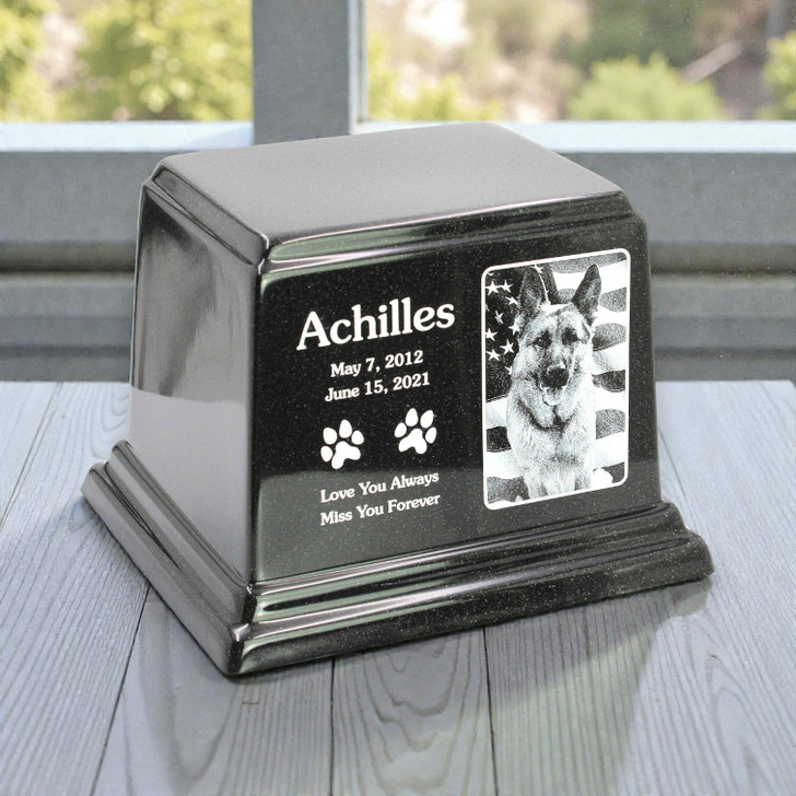 K-9 Service Dog Photo Black Granite Ark Pet Cremation Urn