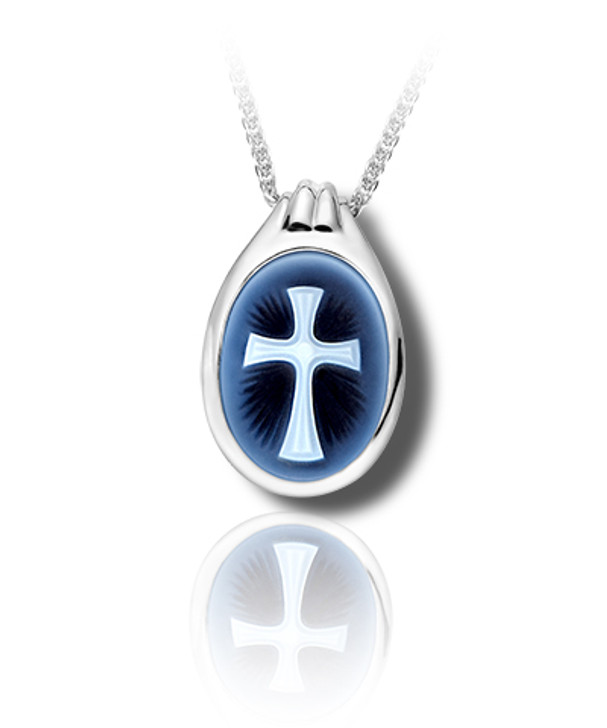 Cross Cameo Sterling Silver Cremation Jewelry Pendant Necklace