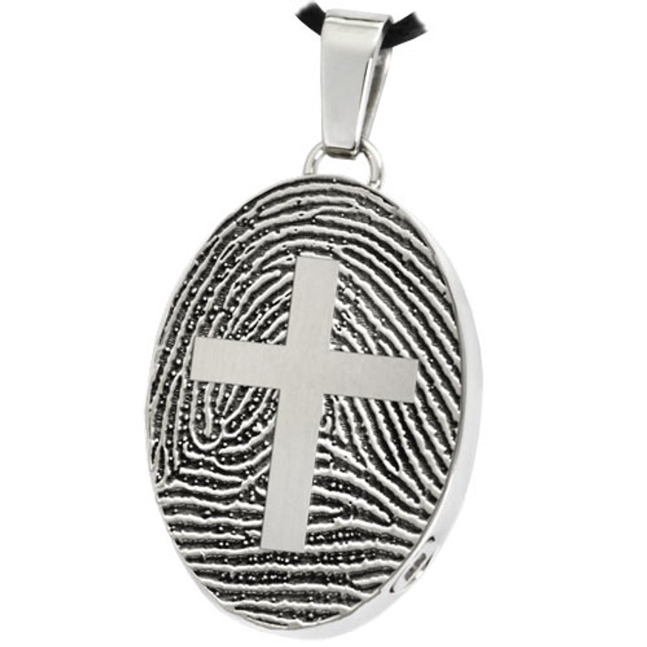 Cross over Fingerprint Oval Stainless Steel Memorial Cremation Pendant Necklace