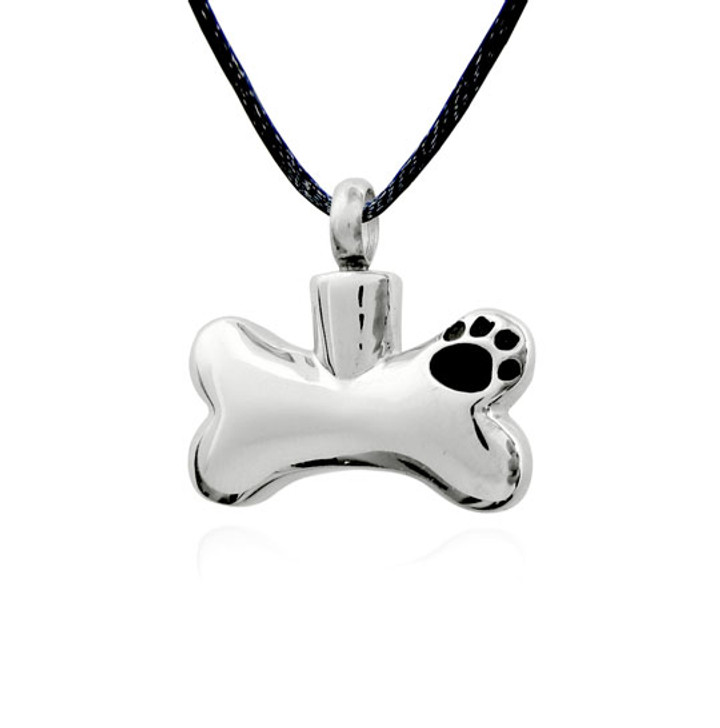 Dog Bone with Paw Print Stainless Steel Pet Cremation Jewelry Pendant Necklace