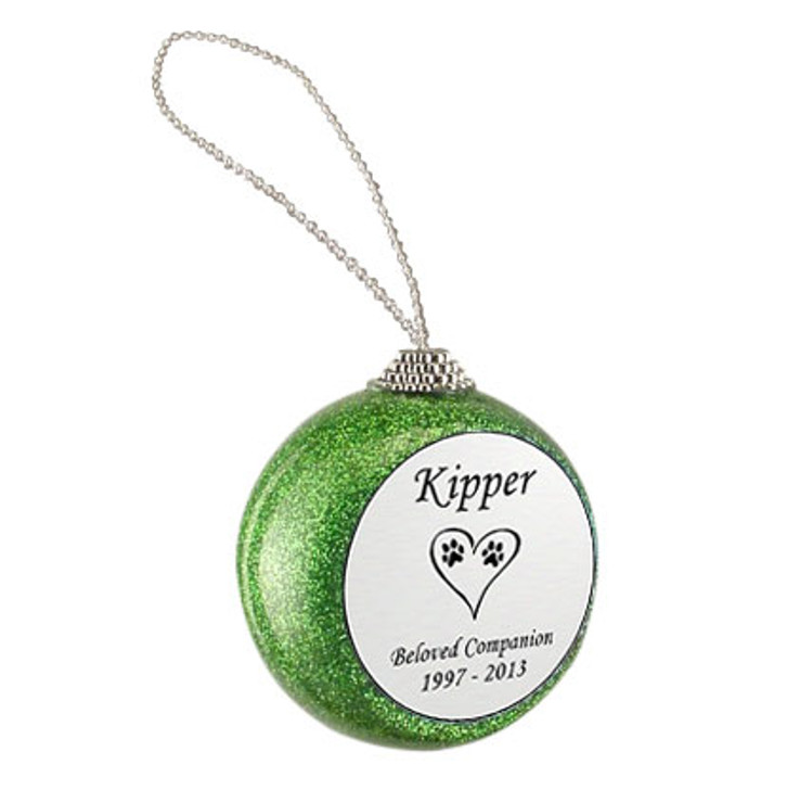 Dog Paw Prints in Heart Green Glitter Memorial Holiday Tree Ornament
