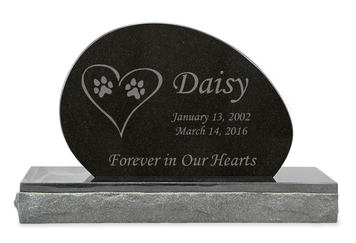 Dog Prints in Heart Pet Upright Grave Marker Black Granite Laser-Engraved Memorial Headstone Design 3