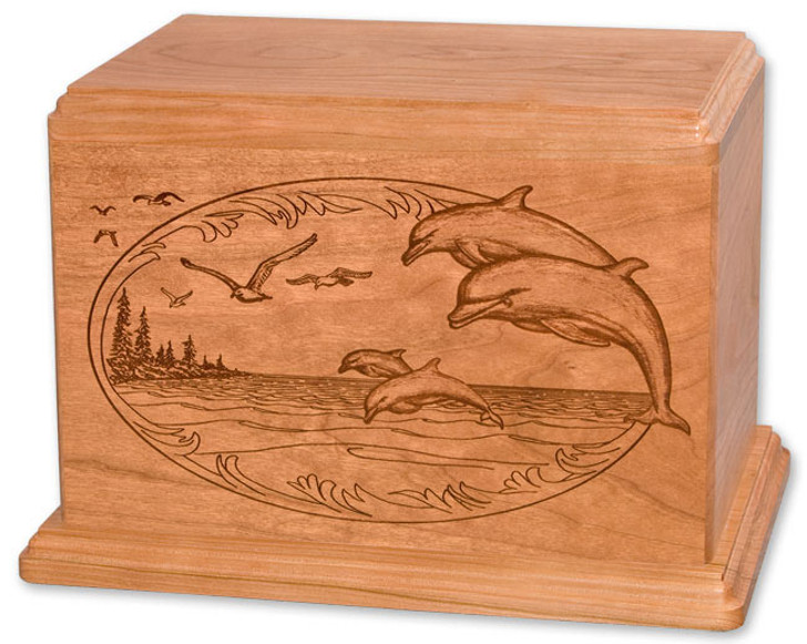 Dolphins Cherry Wood Newport Laser Carved Cremation Urn