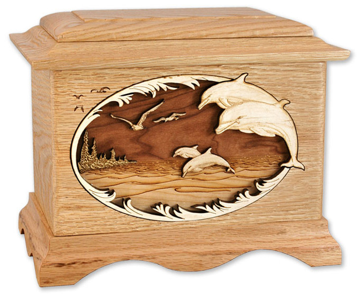 Dolphins with 3D Inlay Oak Wood Cremation Urn