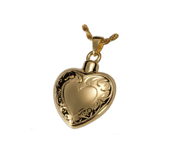 Double Etched Heart Cremation Jewelry in 14k Gold Plated Sterling Silver