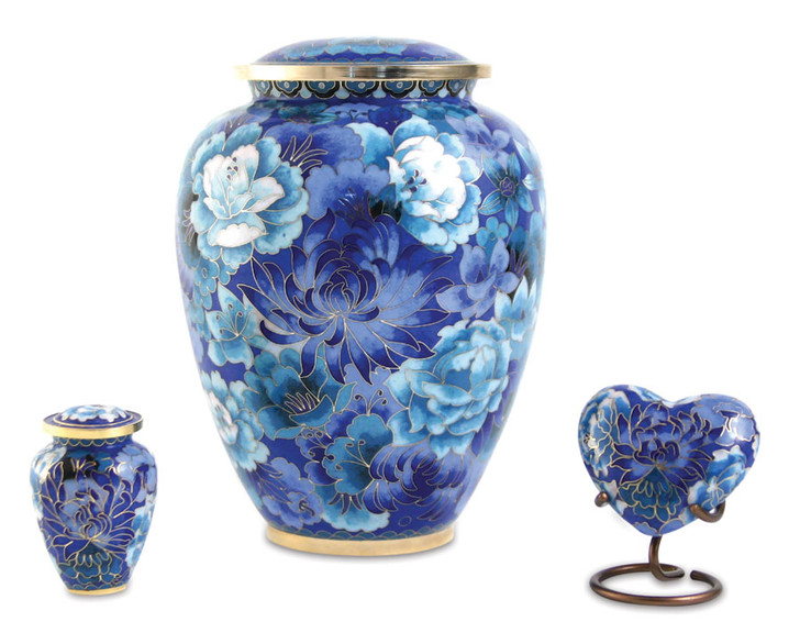 Elite Floral Garden Blue Cloisonne Brass Keepsake Cremation Urn