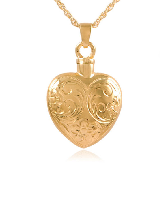 Etched Flower Heart Gold Vermeil Cremation Jewelry Pendant Necklace