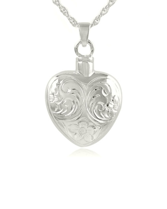 Etched Flower Heart Sterling Silver Cremation Jewelry Pendant Necklace