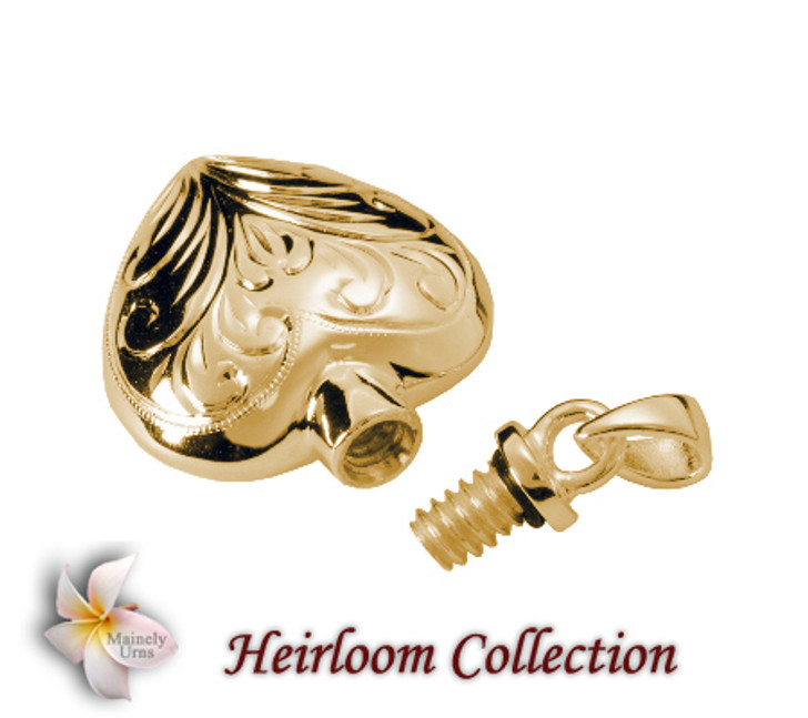 Etched Heart Cremation Jewelry in Solid 14k Yellow Gold or White Gold