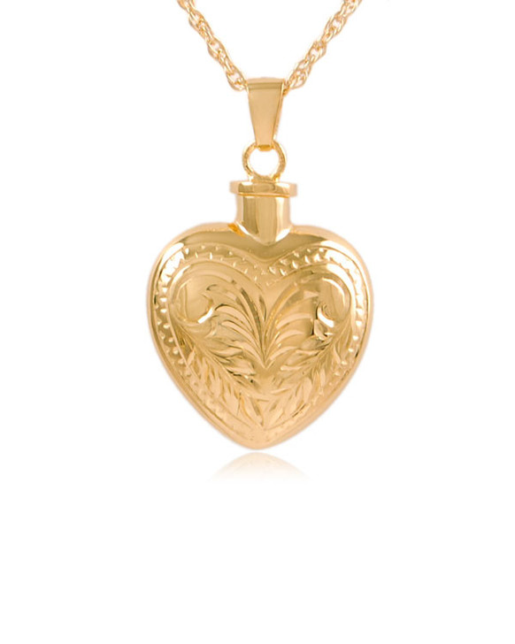 Etched Heart Gold Vermeil Cremation Jewelry Pendant Necklace