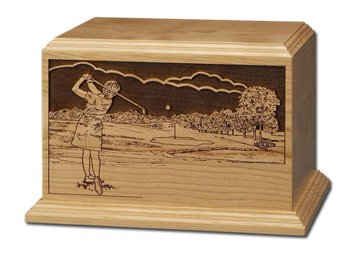 Female Golfer Cherry Wood Cremation Urn