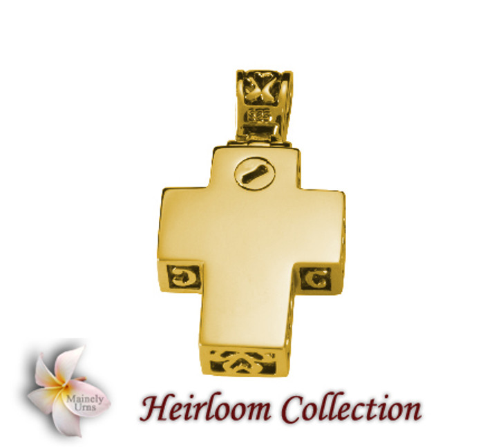 Filigree Cross Cremation Jewelry in 14k Gold Plated Sterling Silver