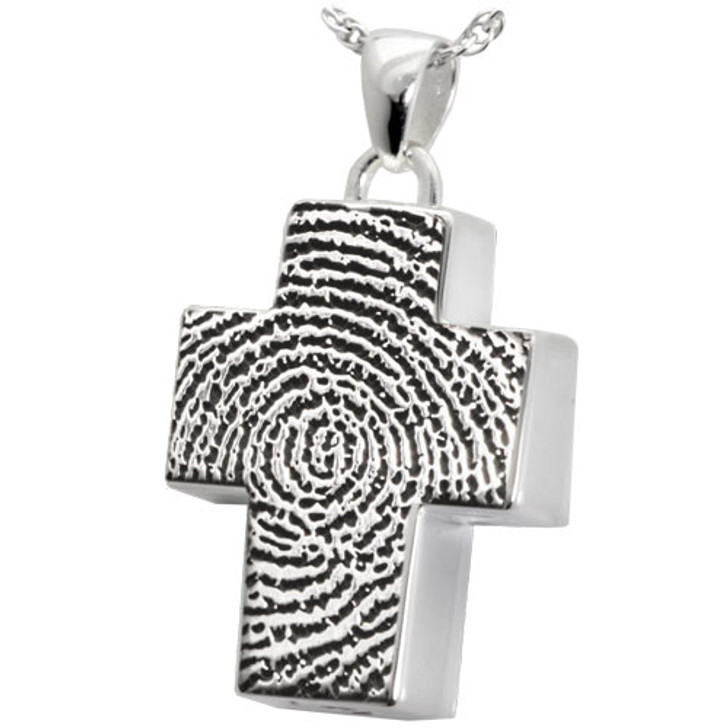 Fingerprint Classic Cross Sterling Silver Memorial Cremation Pendant Necklace