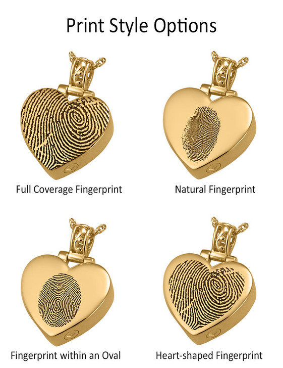 Fingerprint Heart with Filigree Bail Solid 14k Gold Memorial Cremation Pendant Necklace