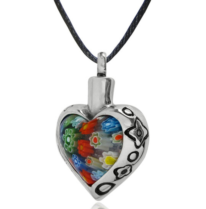 Flower Heart with Flower Border Stainless Steel Cremation Jewelry Pendant Necklace
