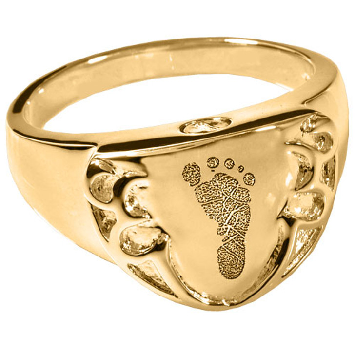 Footprint Shield Solid 14k Gold Memorial Cremation Ring