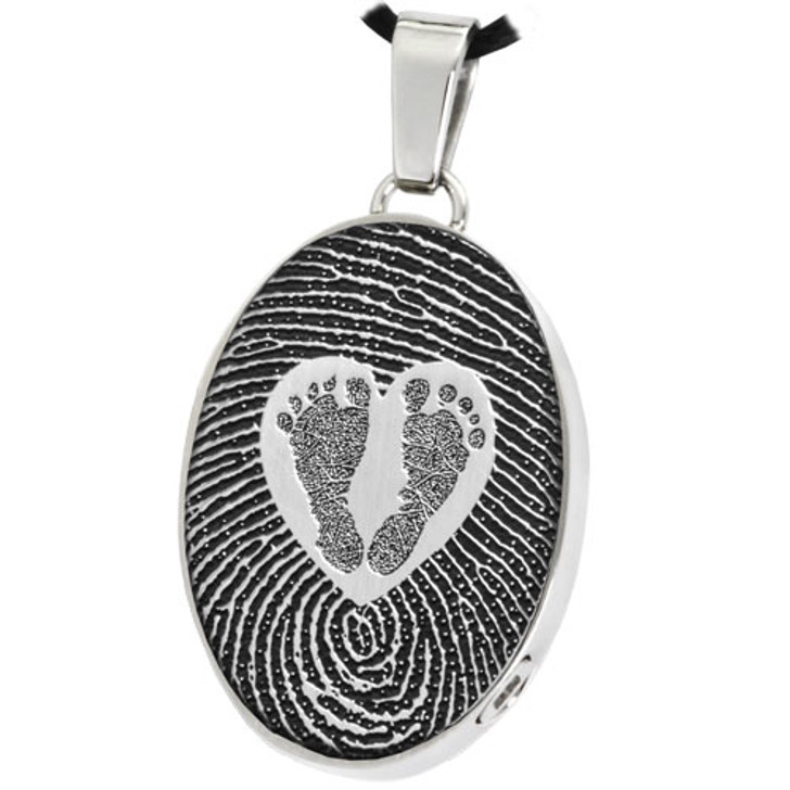 Footprints within a Heart over Fingerprint Oval Stainless Steel Memorial Cremation Pendant Necklace
