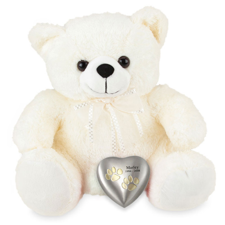 White Paw Print Heart Teddy Bear Pet Cremation Urn
